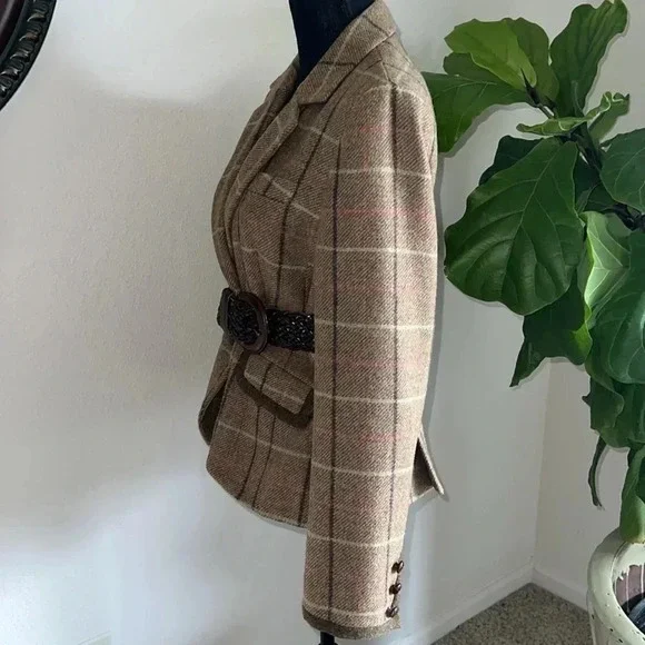 Boden Women’s 100% Wool British Tweed Tan Brown Plaid Blazer Jacket Coat Size 10 - Picture 7 of 16